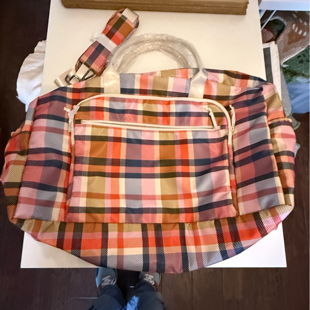 Multicolor Plaid Weekender Tote Bag - Pink/Orange/Blue by GoGo